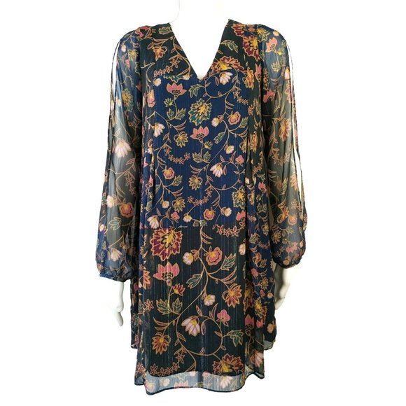 BCBGeneration Floral Dress size Small S Gold Thread, Slit Sleeve, BCBGMaxAzria - Picture 2 of 8
